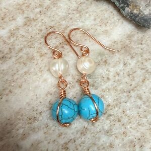 Handmade Freshwater Pearl Turquoise Dangle Earrings
